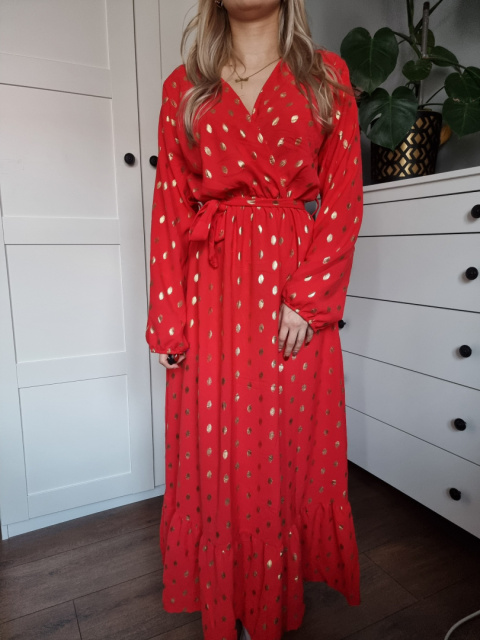 Czerwona, kopertowa maxi z długim rękawem, roz M/L Czerwona, kopertowa maxi z długim rękawem, roz M/L