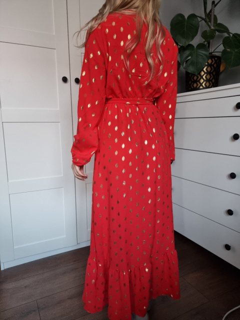 Czerwona, kopertowa maxi z długim rękawem, roz M/L Czerwona, kopertowa maxi z długim rękawem, roz M/L