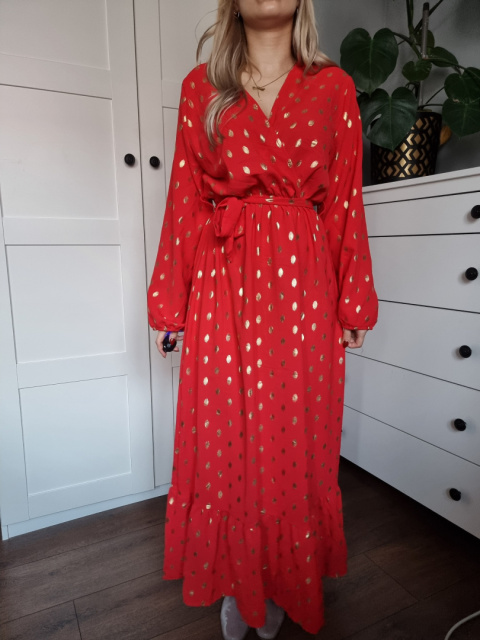 Czerwona, kopertowa maxi z długim rękawem, roz M/L Czerwona, kopertowa maxi z długim rękawem, roz M/L