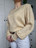 Elegant blouse with white and yellow houndstooth with puffs pink L