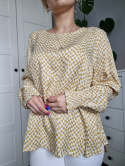 Elegant blouse with white and yellow houndstooth with puffs pink L