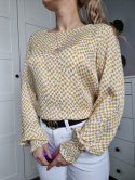 Elegant blouse with white and yellow houndstooth with puffs pink L
