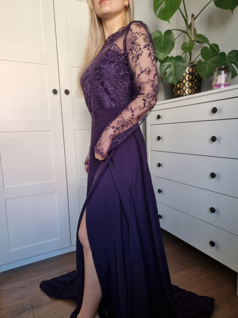 Purple ball gown with lace and slit Purple ball gown with lace and slit