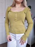 Light Green Ribbed Blouse with Buttons on the Neckline