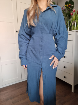 Niebieska sukienka szmizjerka na guziki z bufkami, r. S/M