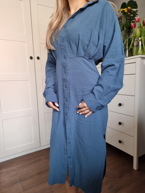 Niebieska sukienka szmizjerka na guziki z bufkami, r. S/M Niebieska sukienka szmizjerka na guziki z bufkami, r. S/M