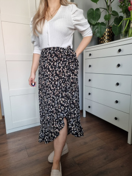 Kopertowa czarna spódnica midi w grochy, r. S