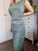 Szałwiowa maxi dress, marszczenie, podkreśla sylkwetkę, elegancka, r. XL