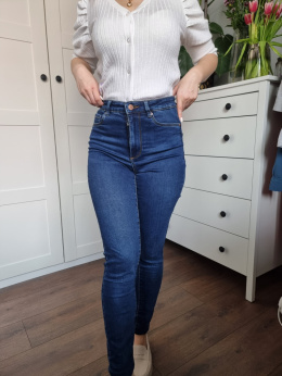 Ciemne klasyczne jeansy damskie, podkreślają sylwetkę, r. S