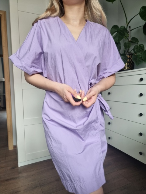 Kopertowa lawendowa sukienka / kimono, r. M, bawełna Kopertowa lawendowa sukienka / kimono, r. M, bawełna