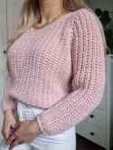 Rożeowy sweter z moherem i wełną, złota nitka