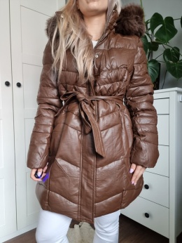 Zimowa kurtka płaszczyk parka czekoladowa XXL - 6XL z kapturem i futerkiem
