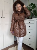 Zimowa kurtka płaszczyk parka czekoladowa XXL - 6XL z kapturem i futerkiem