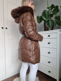 Zimowa kurtka płaszczyk parka czekoladowa XXL - 6XL z kapturem i futerkiem