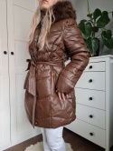 Zimowa kurtka płaszczyk parka czekoladowa XXL - 6XL z kapturem i futerkiem