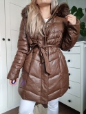 Zimowa kurtka płaszczyk parka czekoladowa XXL - 6XL z kapturem i futerkiem