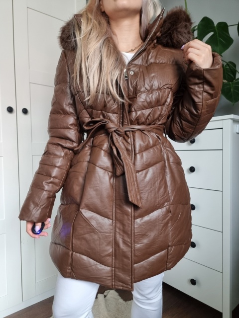 Zimowa kurtka płaszczyk parka czekoladowa XXL - 6XL z kapturem i futerkiem